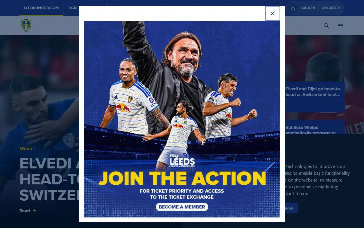 Tampilan website resmi Leeds United F.C. (leedsunited.com)