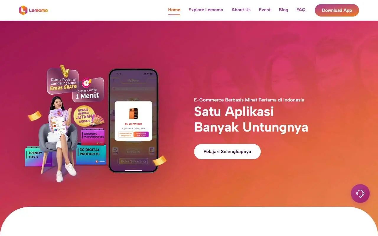 Tampilan website resmi Lemomo Indonesia (lemomo.id)