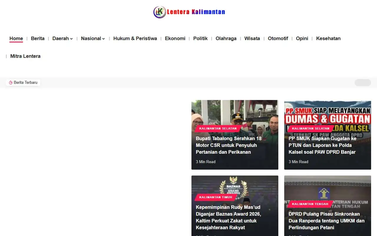 Tampilan website resmi Lentera Kalimantan (lenterakalimantan.com)