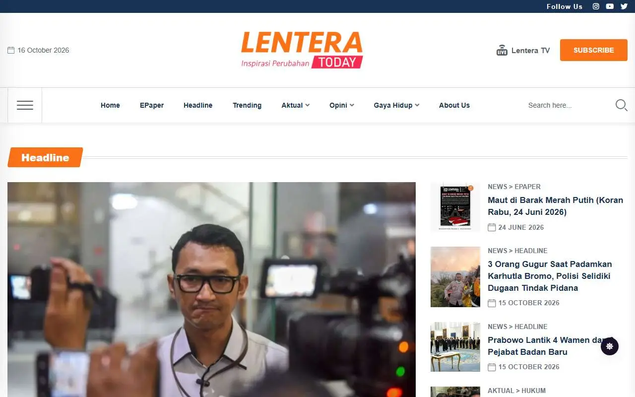Tampilan website resmi Lentera Today (lenteratoday.com)