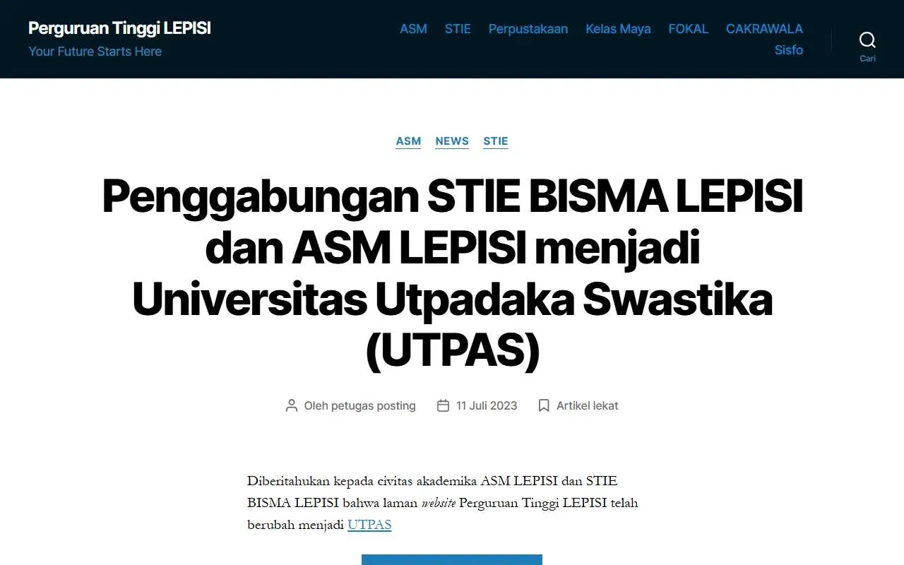 Tampilan website resmi Akademi Sekretari Dan Manajemen Lepisi (lepisi.ac.id)