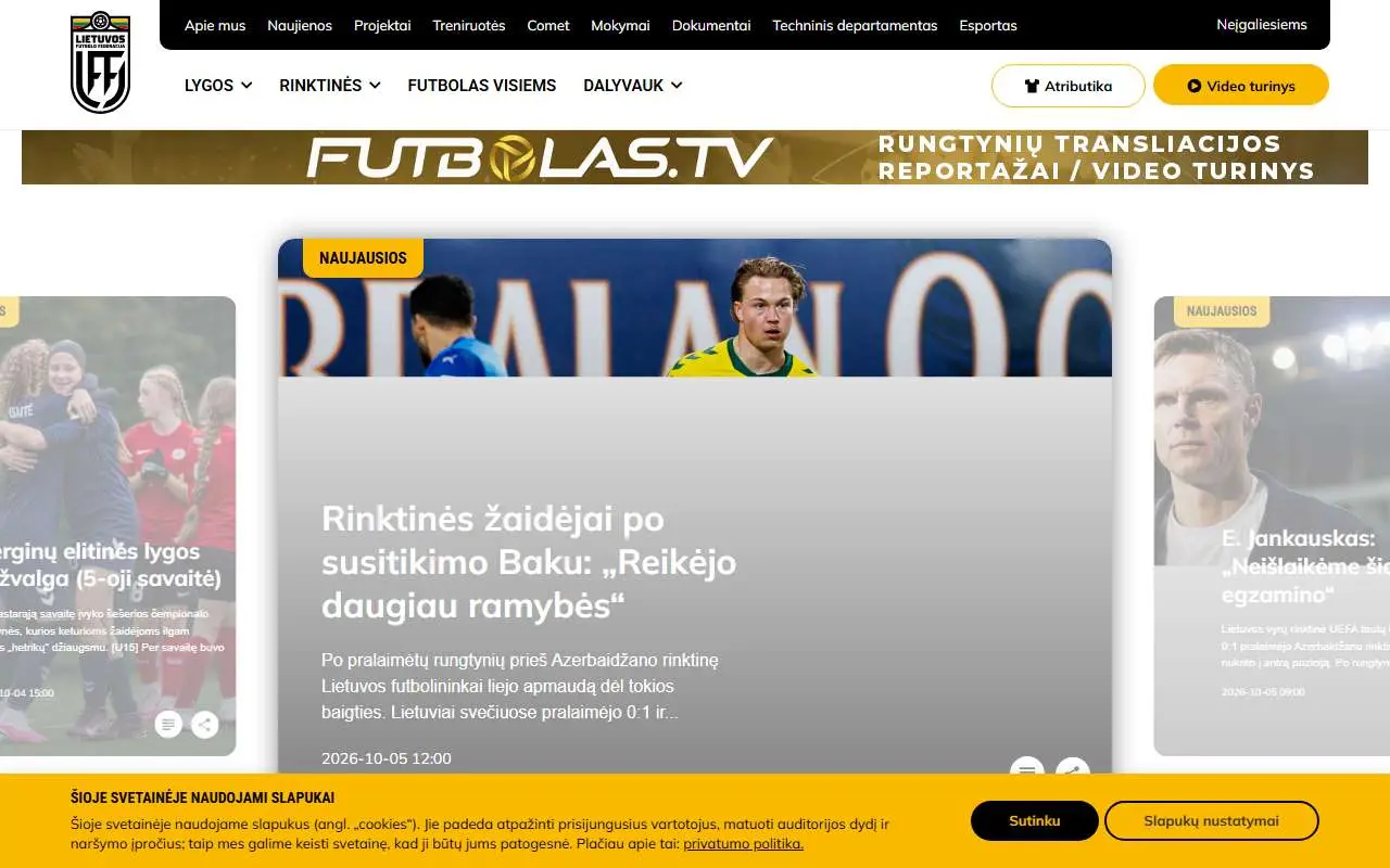 Tampilan website resmi Tim nasional sepak bola Lituania (lff.lt)