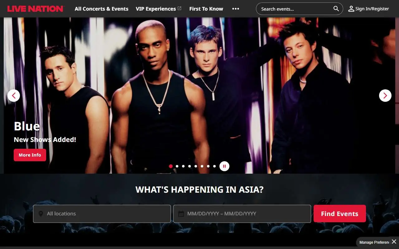 Tampilan website resmi Live Nation (livenation.asia)