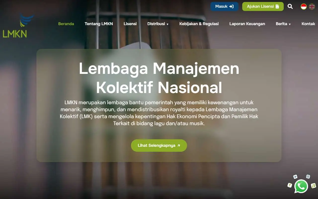 Tampilan website resmi Lembaga Manajemen Kolektif Nasional (lmkn.id)