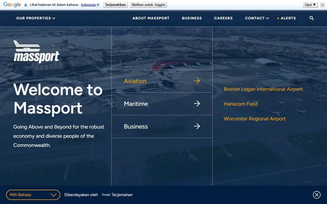 Tampilan website resmi Bandara Internasional Logan (massport.com)