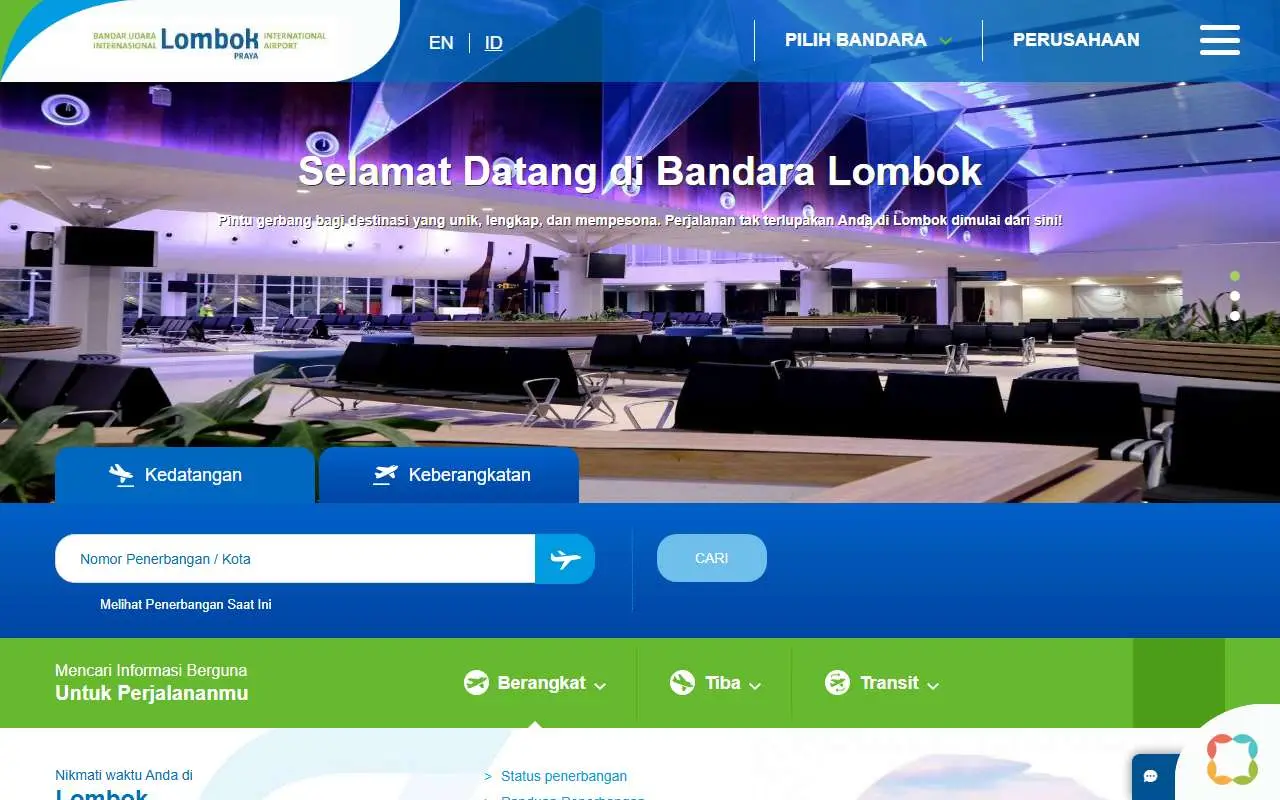 Tampilan website resmi Bandara Internasional Lombok (lombok-airport.co.id)