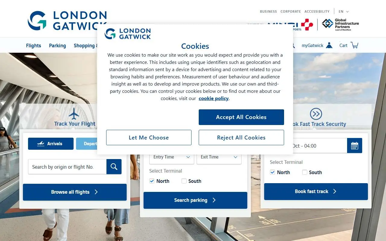 Tampilan website resmi Bandara London Gatwick (gatwickairport.com)