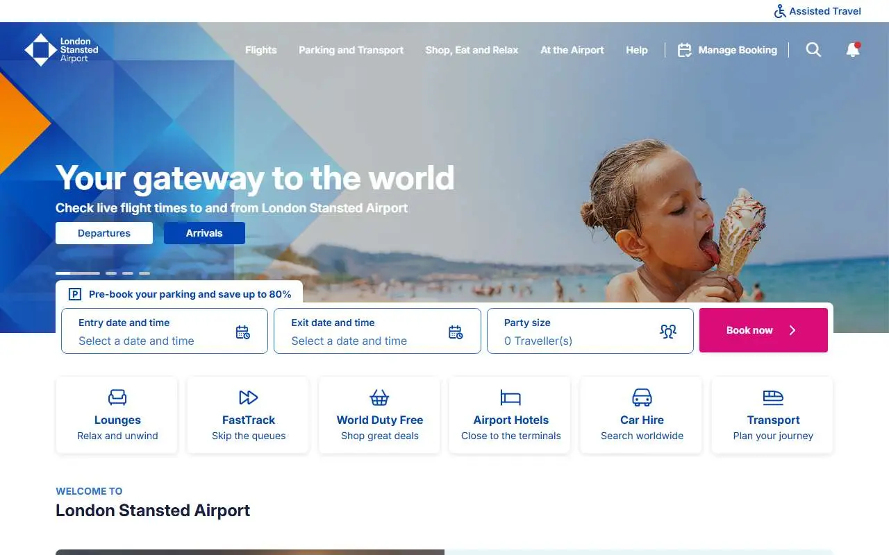 Tampilan website resmi Bandara London Stansted (stanstedairport.com)
