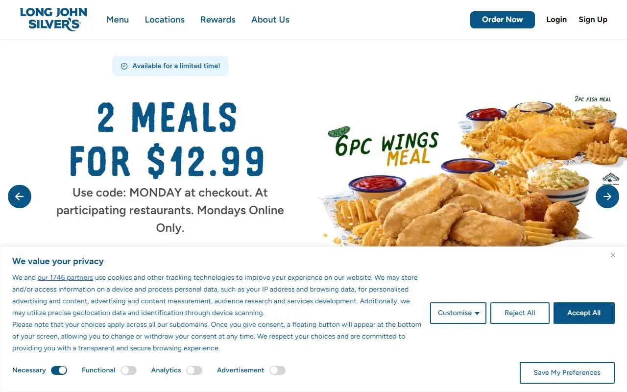 Tampilan website resmi Long John Silver's (ljsilvers.com)