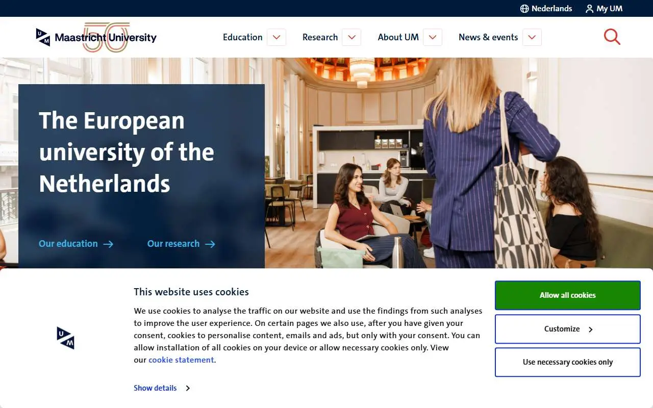 Tampilan website resmi Universitas Maastricht (maastrichtuniversity.nl)