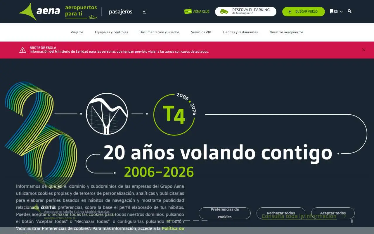 Tampilan website resmi Bandara Internasional Barajas Madrid (aena.es)