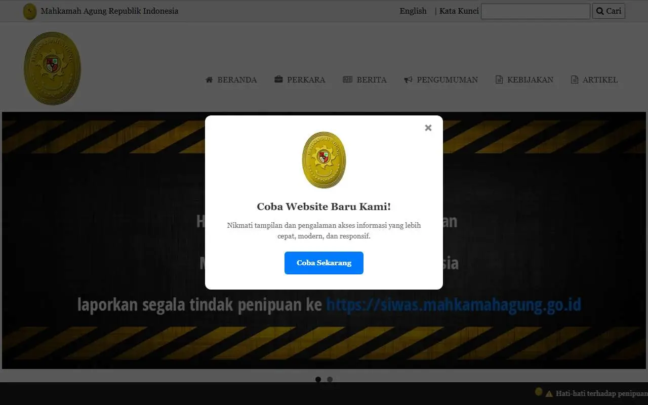 Tampilan website resmi Mahkamah Agung (mahkamahagung.go.id)