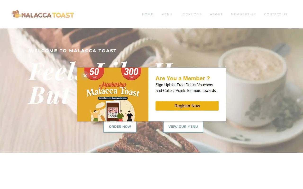 Tampilan website resmi Malacca Toast (malaccatoast.com)