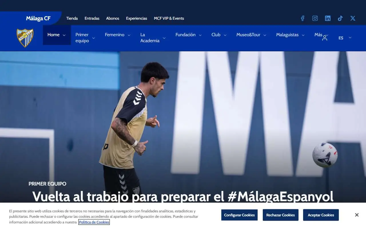 Tampilan website resmi Málaga CF (malagacf.com)