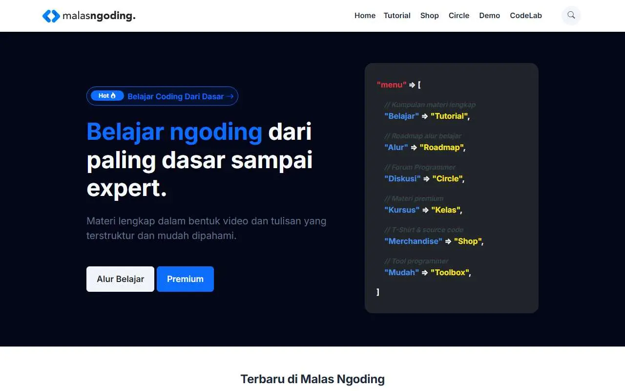 Tampilan website resmi Malas Ngoding (malasngoding.com)