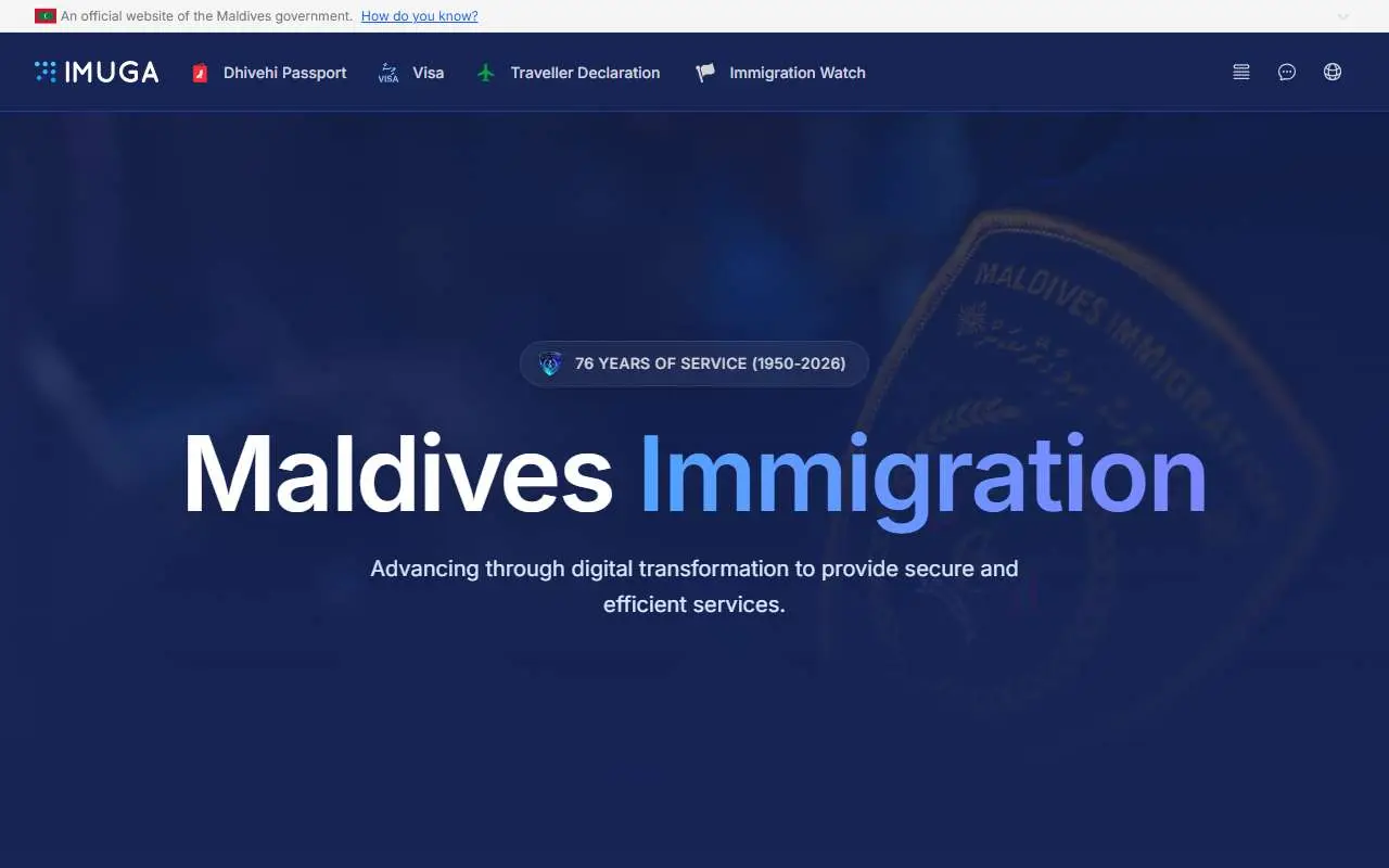 Tampilan website resmi IMUGA Maladewa (imuga.immigration.gov.mv)