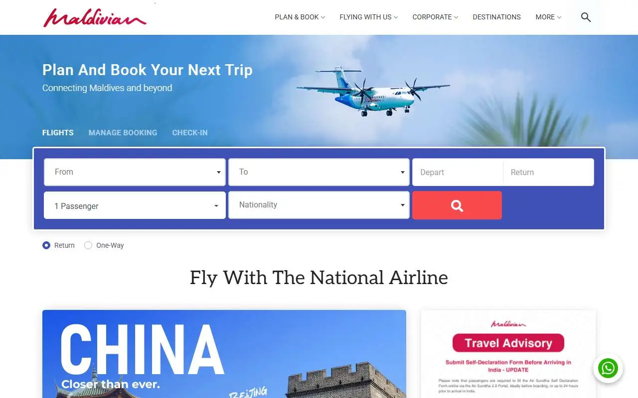 Tampilan website resmi Maldivian (maldivian.aero)