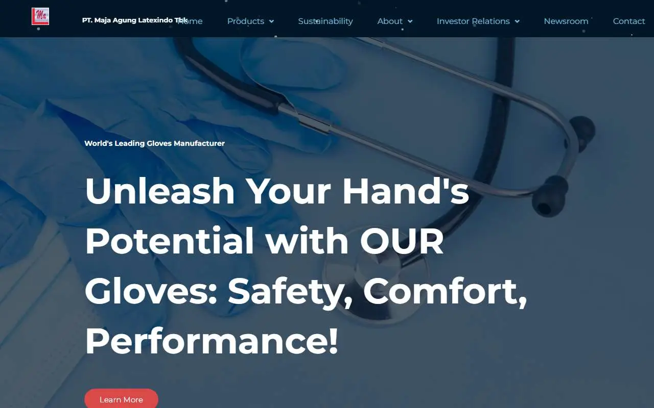 Tampilan website resmi Maja Agung Latexindo (malgloves.com)