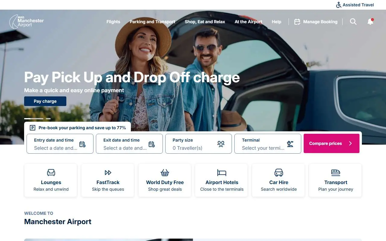 Tampilan website resmi Bandara Internasional Manchester (manchesterairport.co.uk)