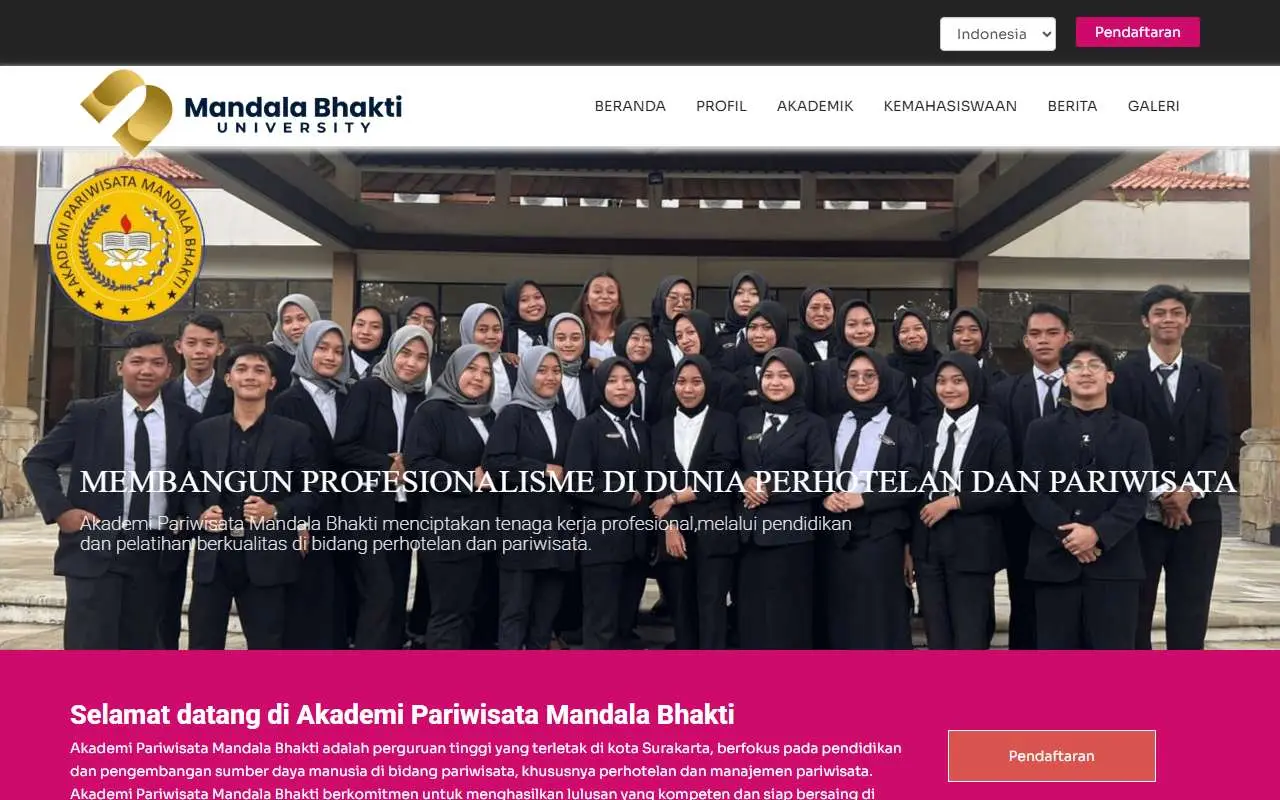 Tampilan website resmi Akademi Pariwisata Mandala Bhakti (mandalabhakti.ac.id)