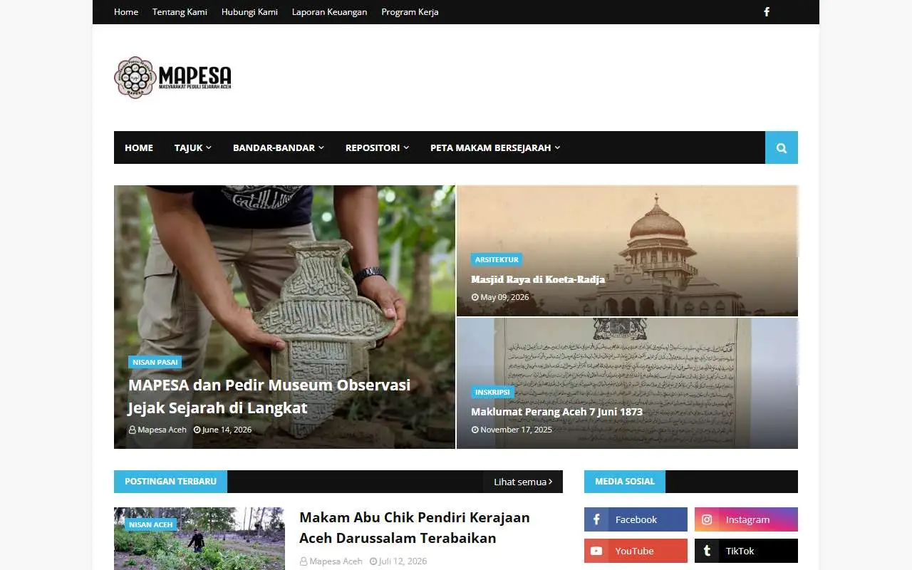 Tampilan website resmi Masyarakat Peduli Sejarah Aceh (mapesaaceh.com)