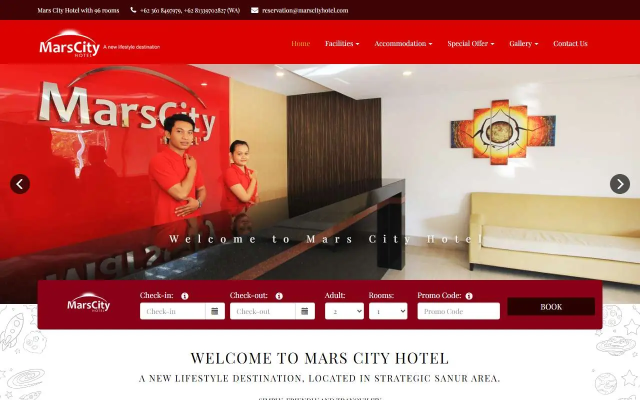 Tampilan website resmi MarsCity Hotel (marscityhotel.com)