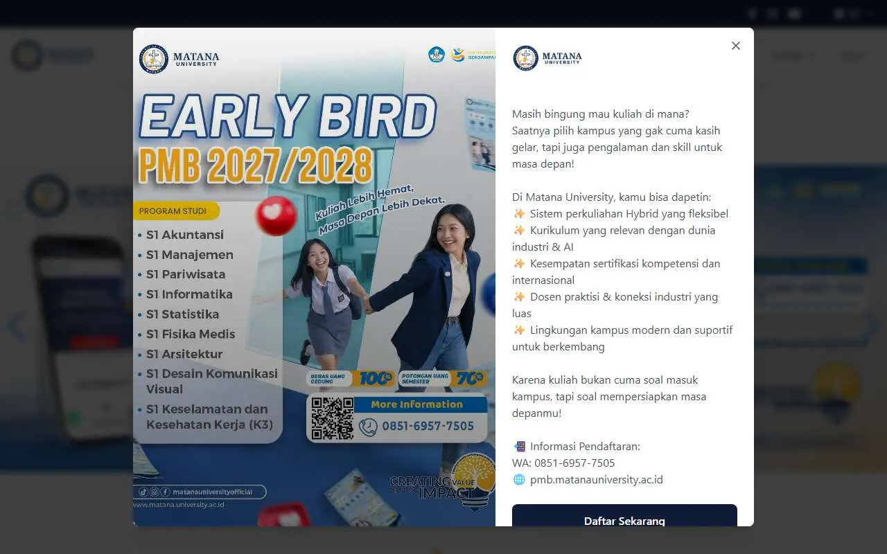 Tampilan website resmi Universitas Matana (matanauniversity.ac.id)