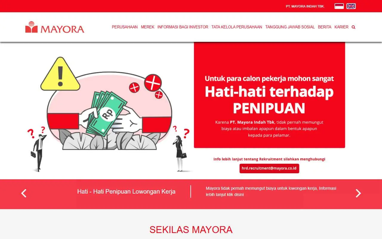 Tampilan website resmi Mayora Indah (mayoraindah.co.id)