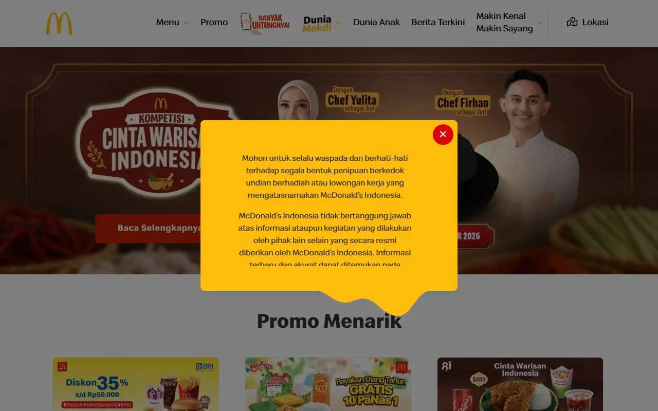 Tampilan website resmi McDonald's Indonesia (mcdonalds.co.id)