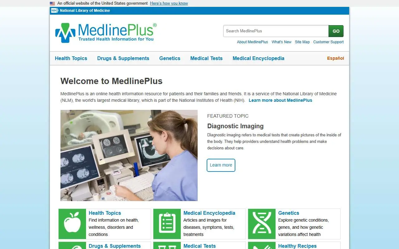 Tampilan website resmi MedlinePlus (medlineplus.gov)