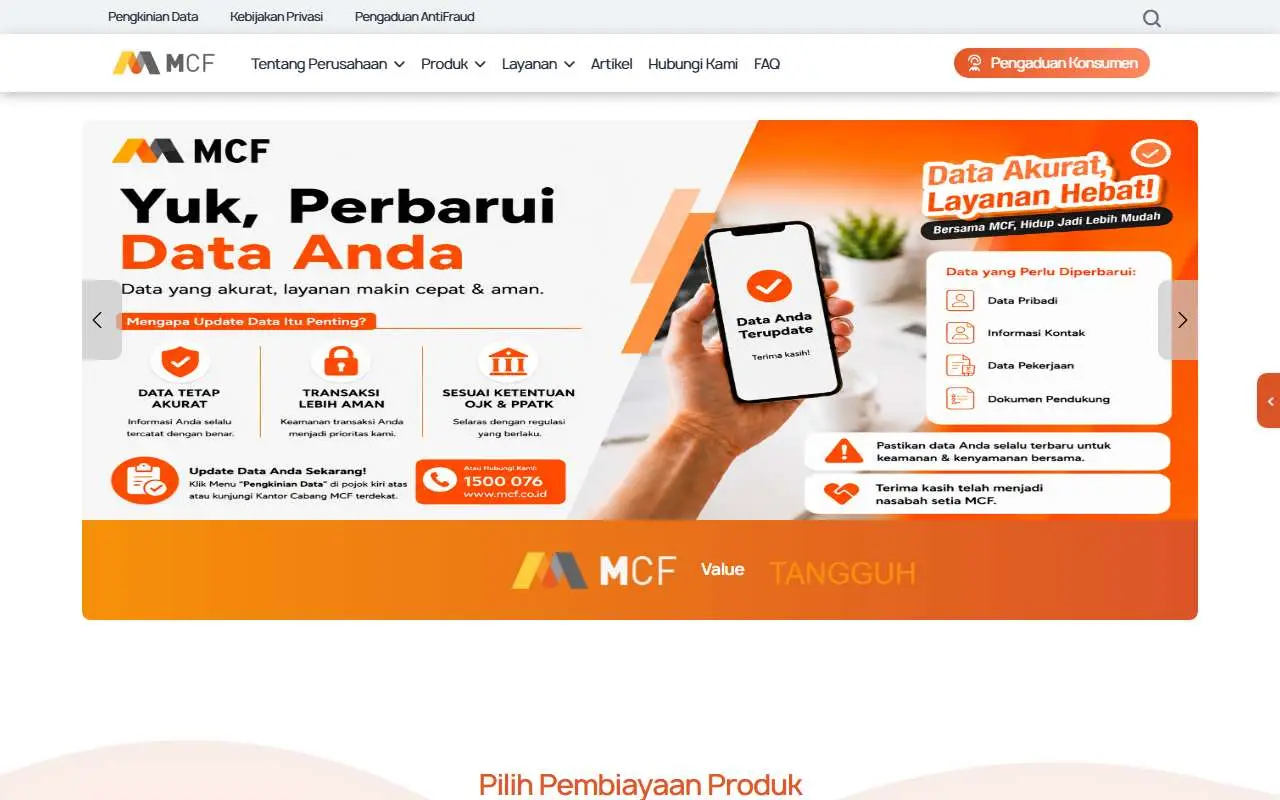 Tampilan website resmi Mega Central Finance (mcf.co.id)