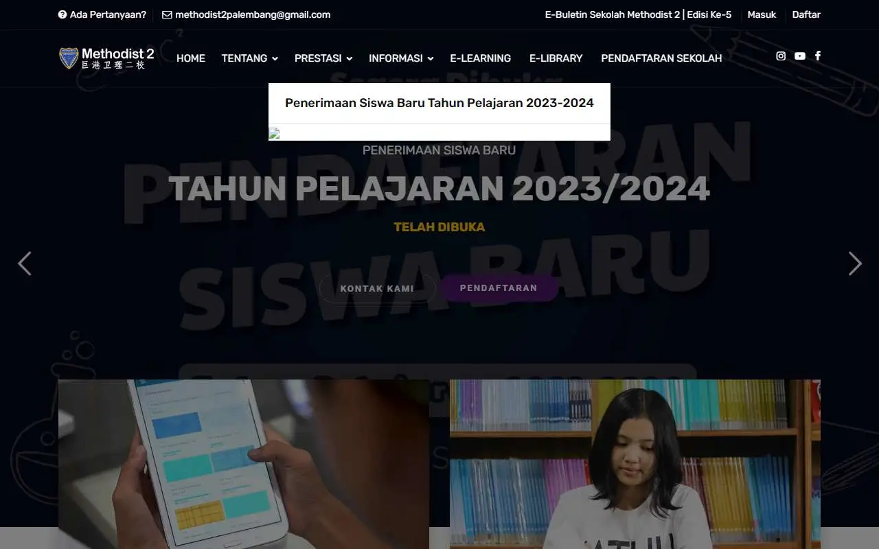 Tampilan website resmi Sekolah Methodist 2 Palembang (meth2.methodist2.sch.id)