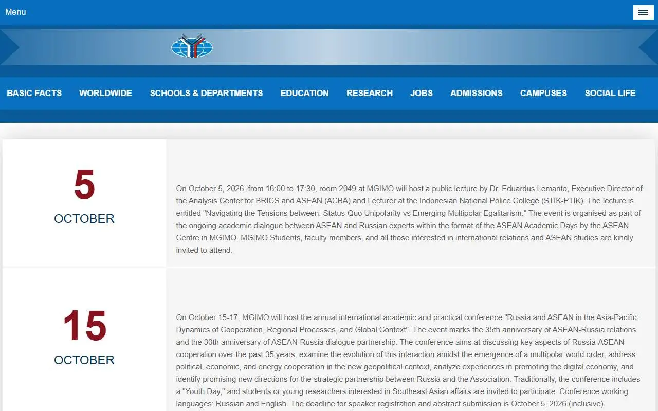 Tampilan website resmi MGIMO (Hubungan Internasional Moskow) (english.mgimo.ru)