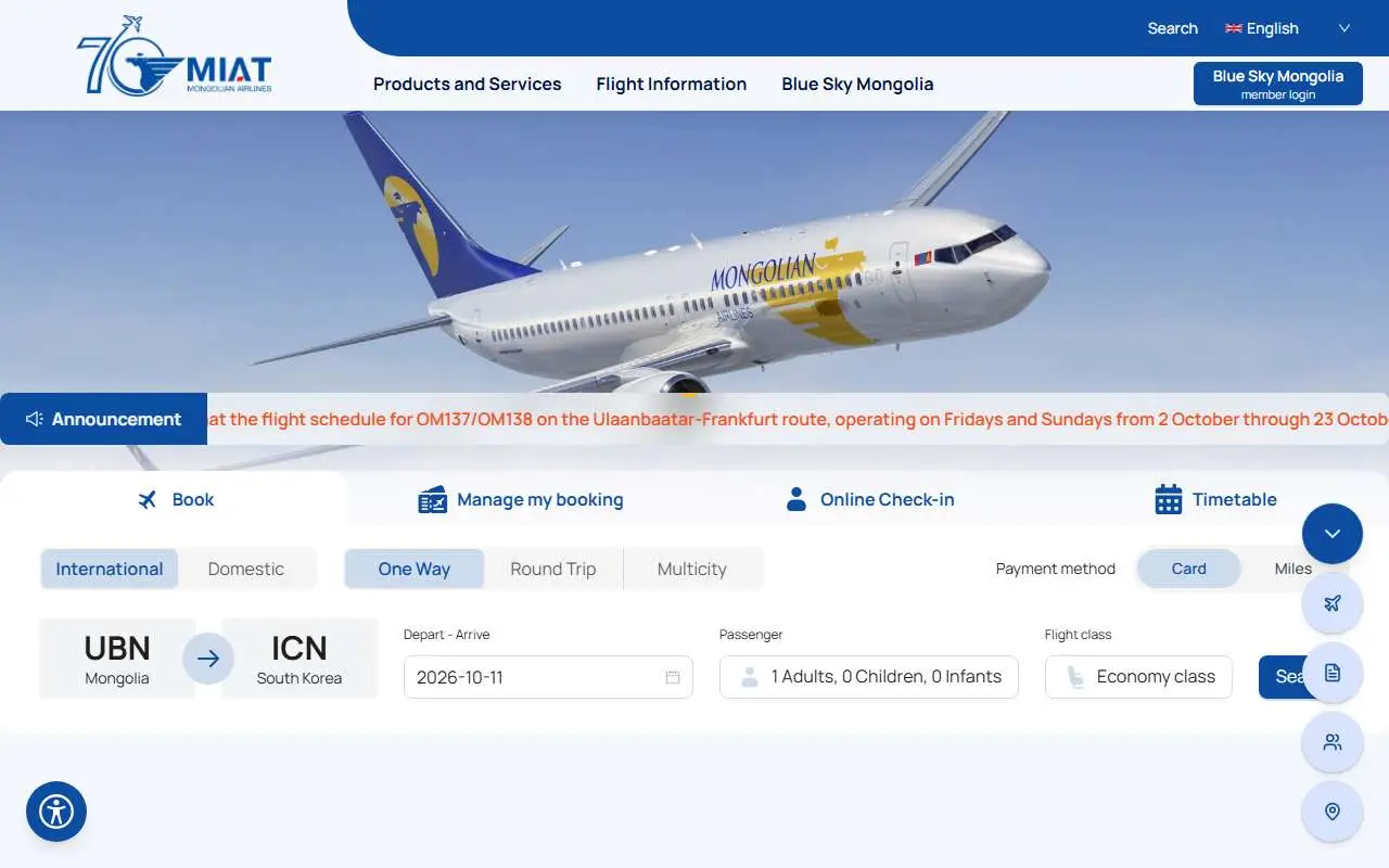 Tampilan website resmi MIAT Mongolian Airlines (miat.com)