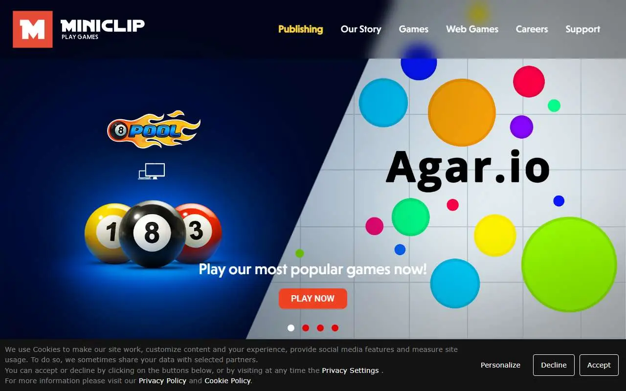 Tampilan website resmi Miniclip (miniclip.com)