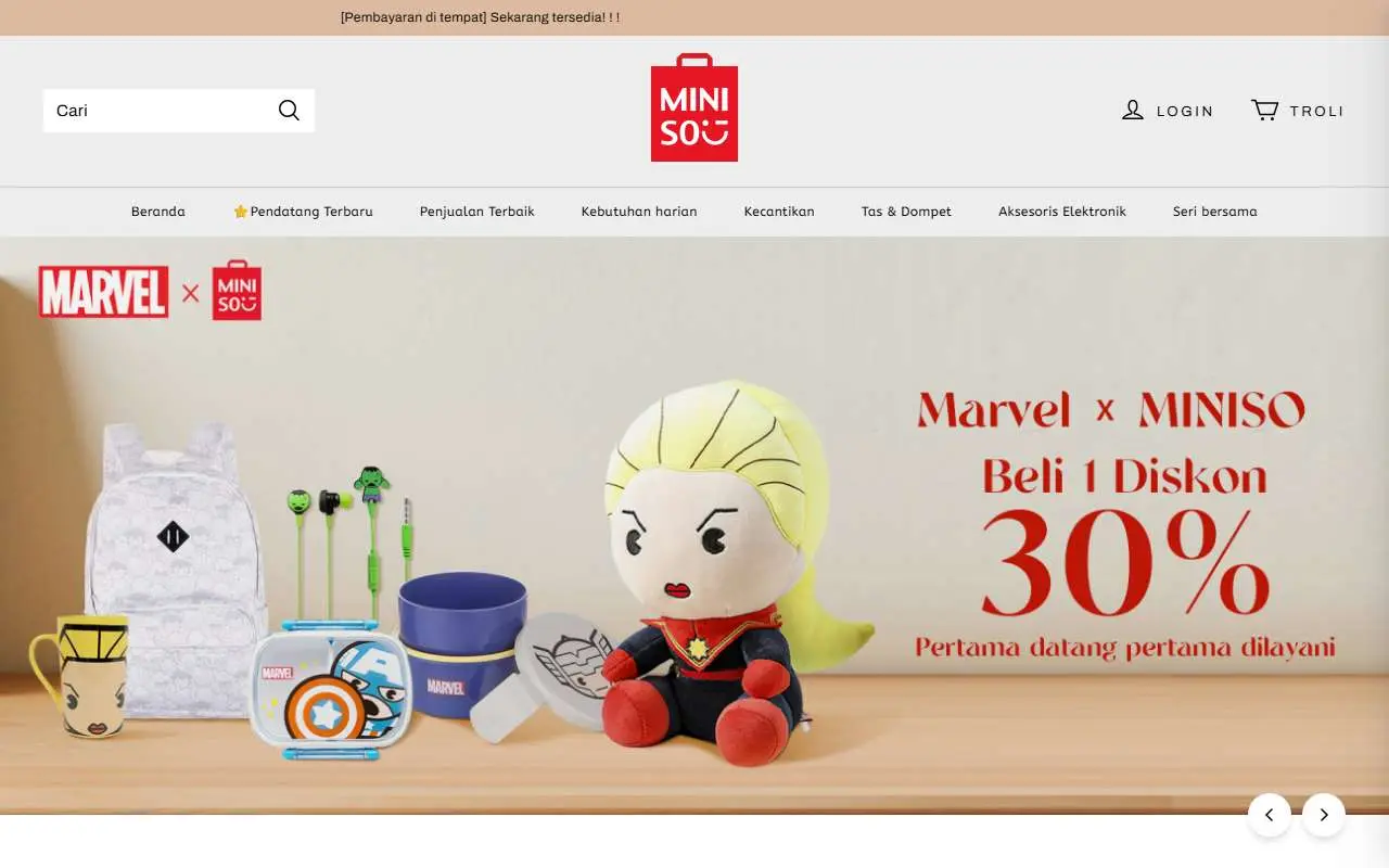 Tampilan website resmi Miniso Indonesia (miniso.co.id)