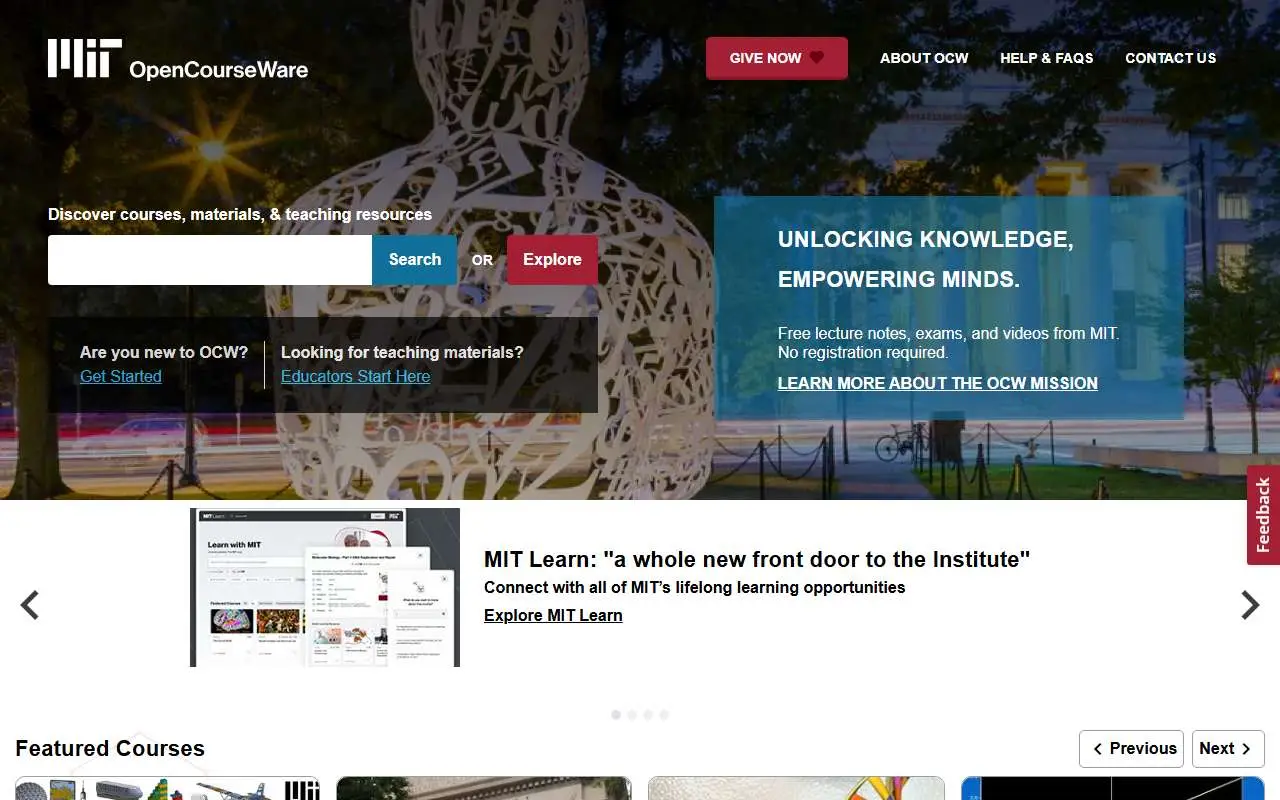 Tampilan website resmi MIT OpenCourseWare (ocw.mit.edu)