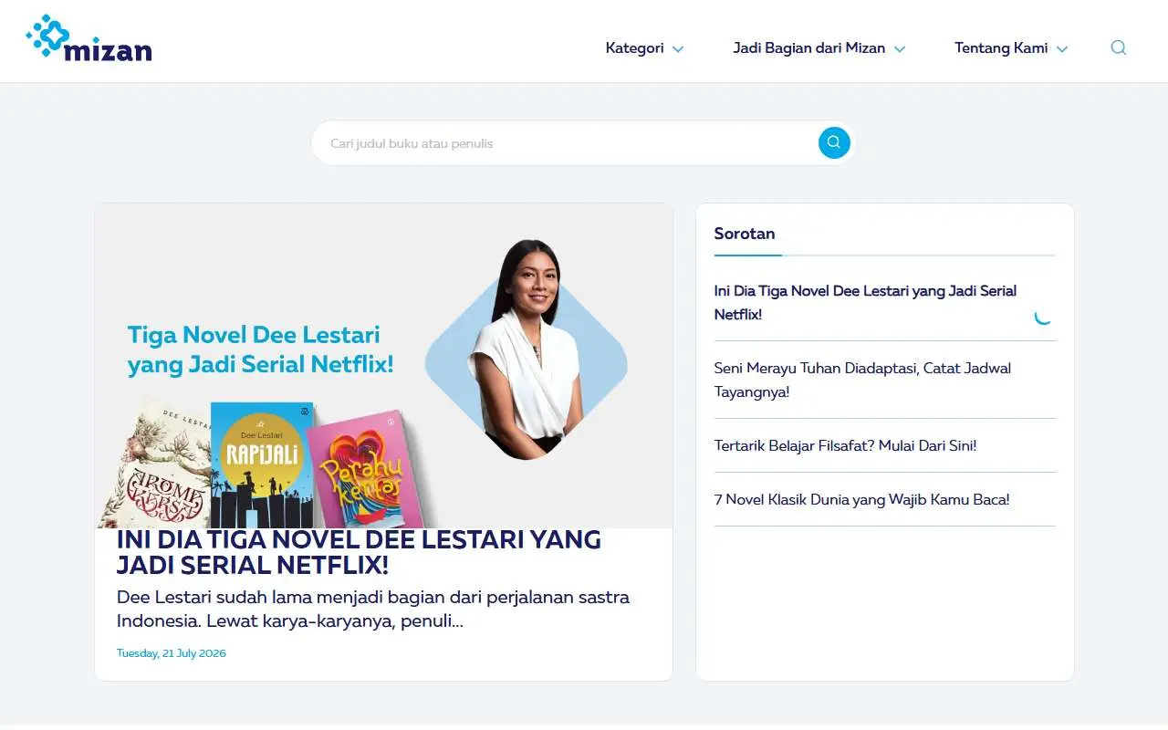 Tampilan website resmi Mizan (mizan.com)