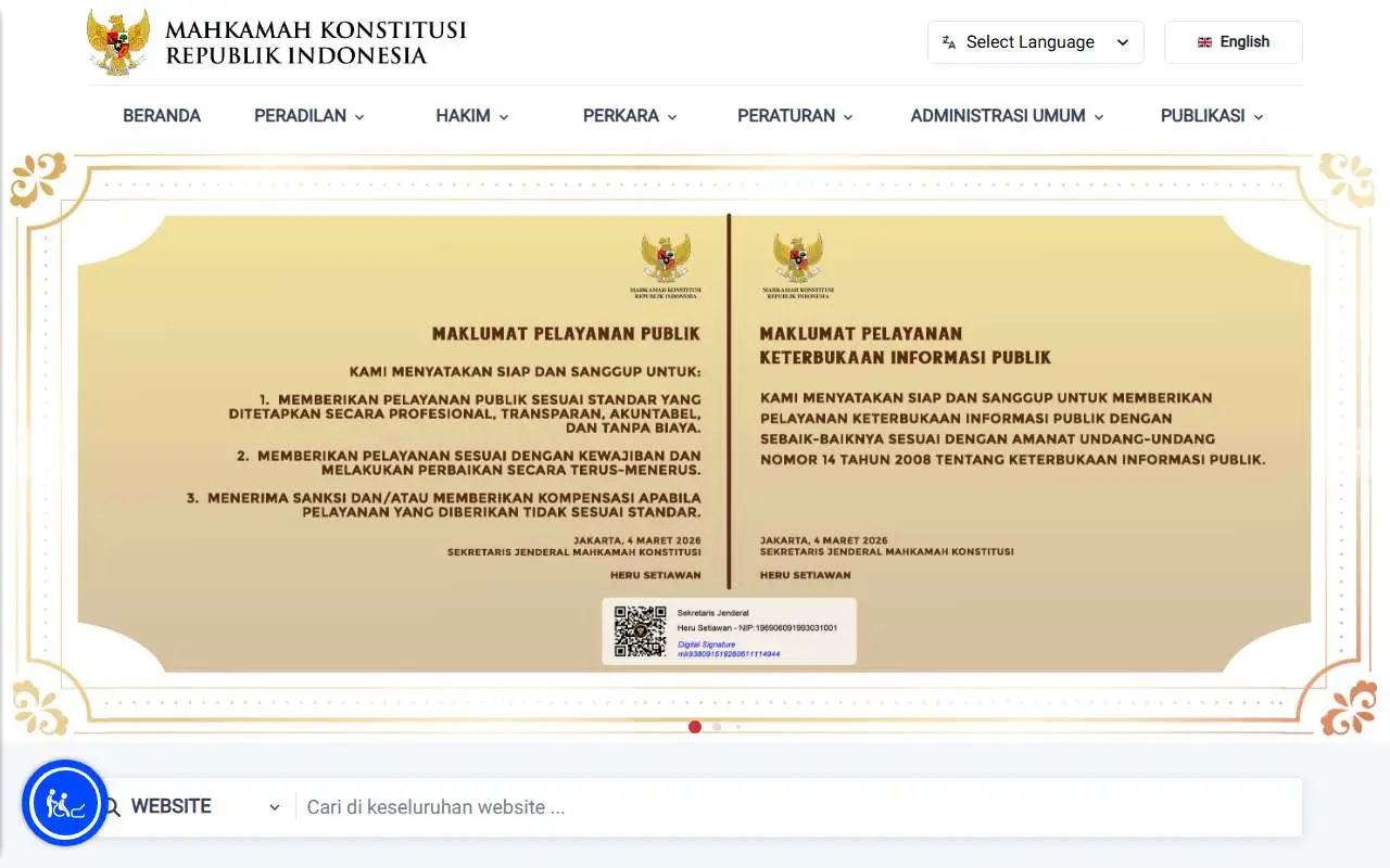Tampilan website resmi Mahkamah Konstitusi (mkri.id)