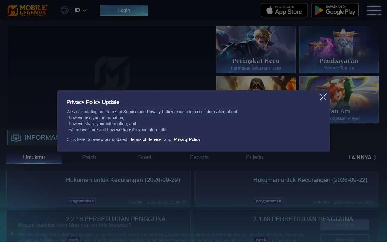 Tampilan website resmi Mobile Legends: Bang Bang (mobilelegends.com)