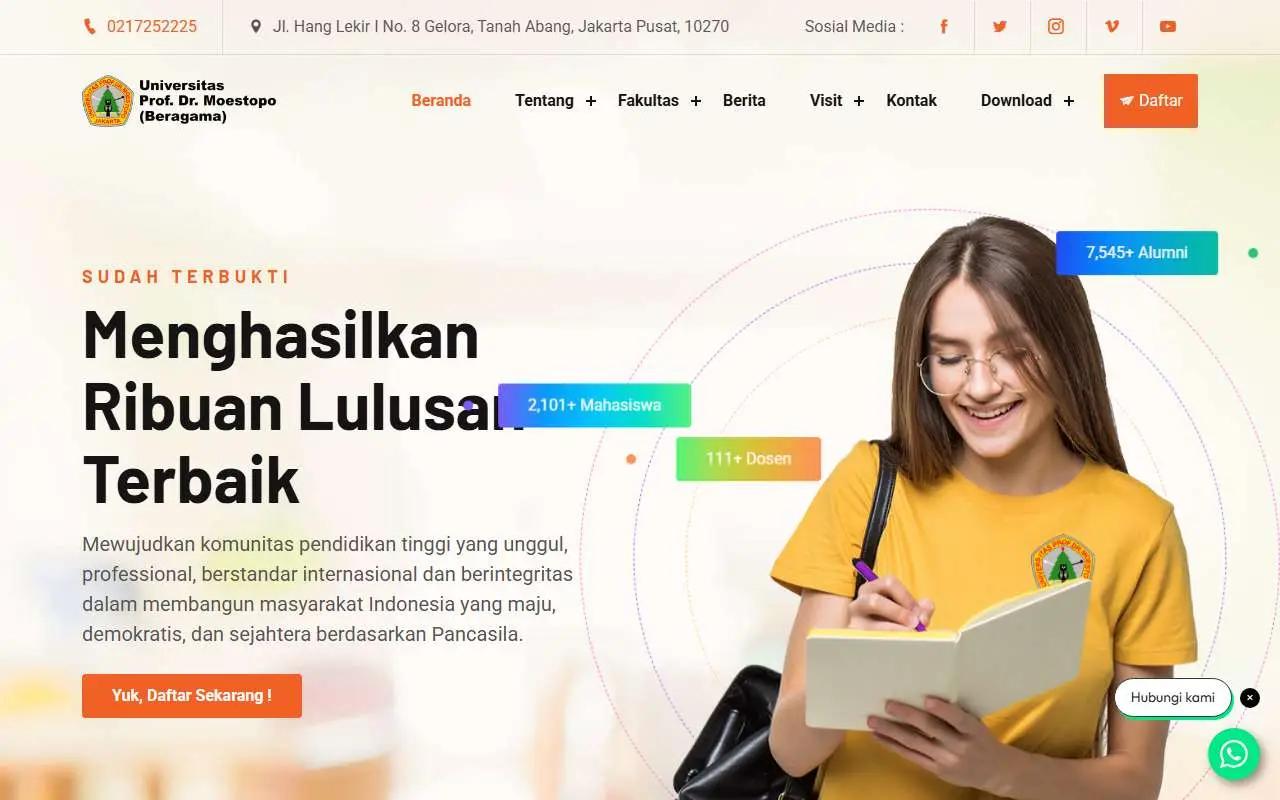 Tampilan website resmi Universitas Prof. Dr. Moestopo (moestopo.ac.id)