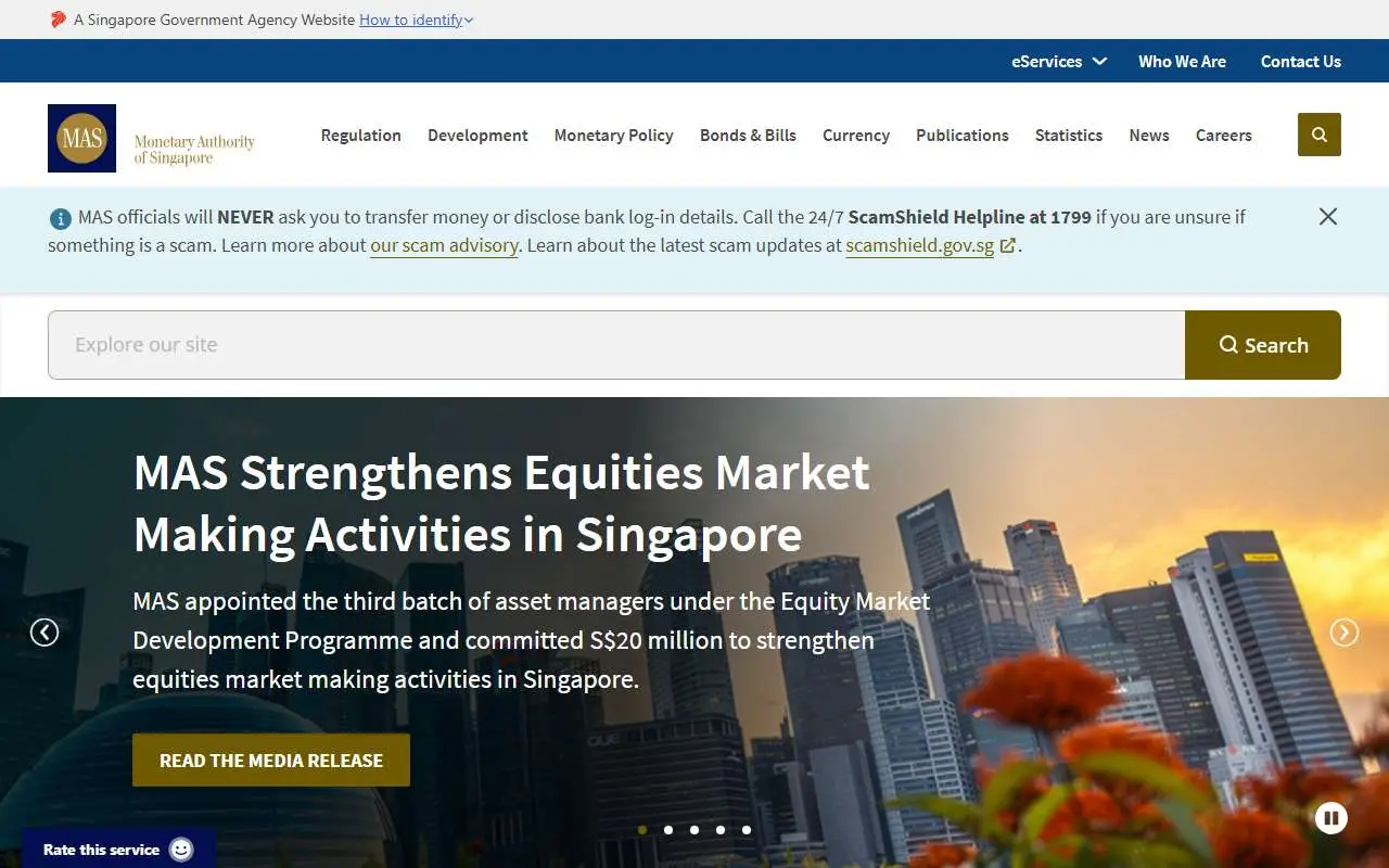 Tampilan website resmi Otoritas Moneter Singapura (mas.gov.sg)