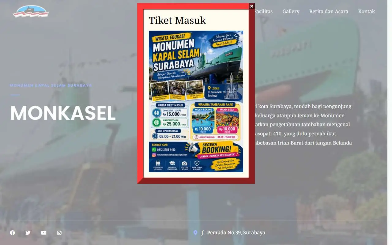Tampilan website resmi Monumen Kapal Selam (monkasel-surabaya.com)
