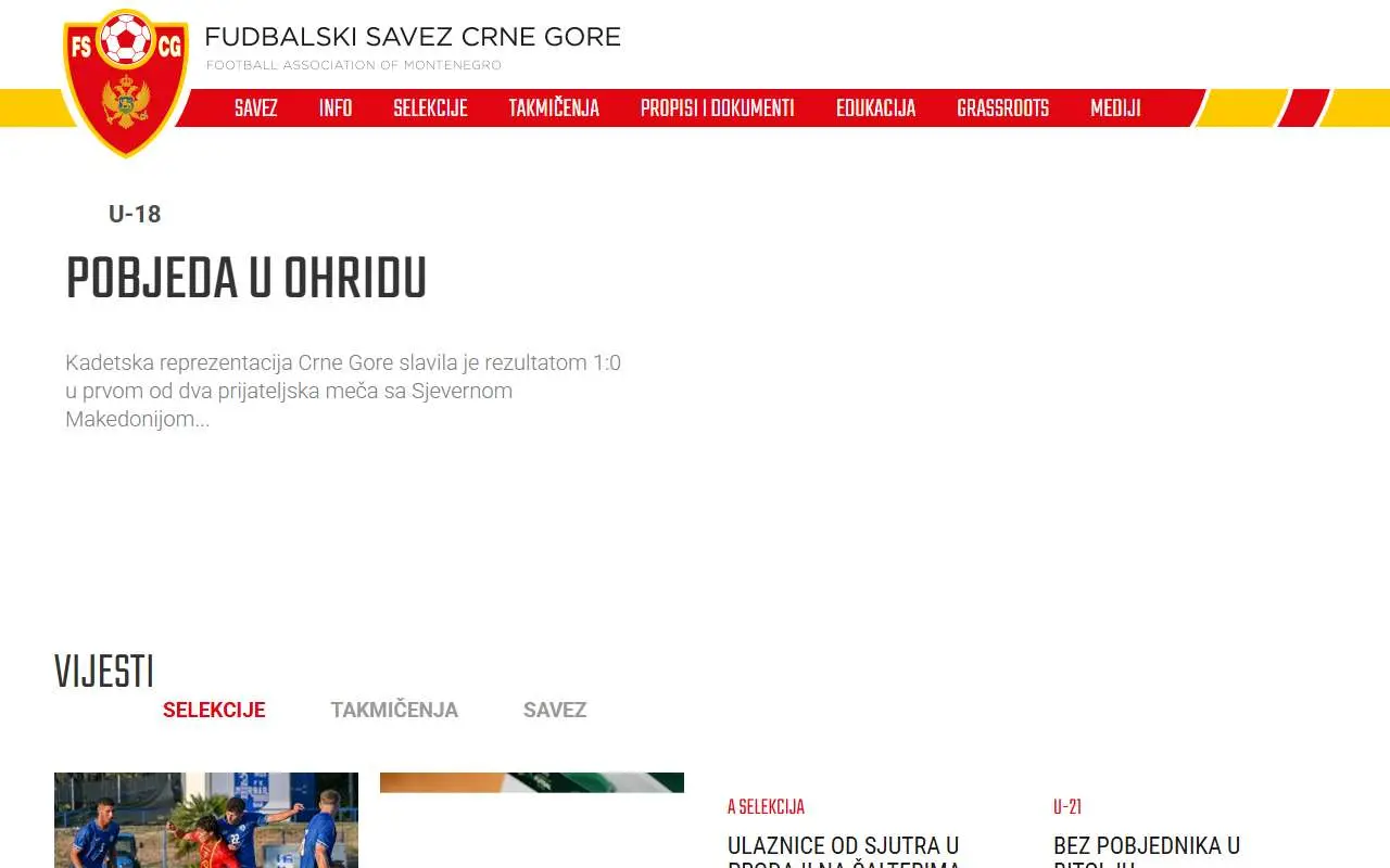 Tampilan website resmi Tim nasional sepak bola Montenegro (fscg.me)