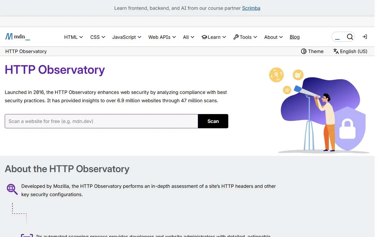 Tampilan website resmi Mozilla Observatory (developer.mozilla.org)
