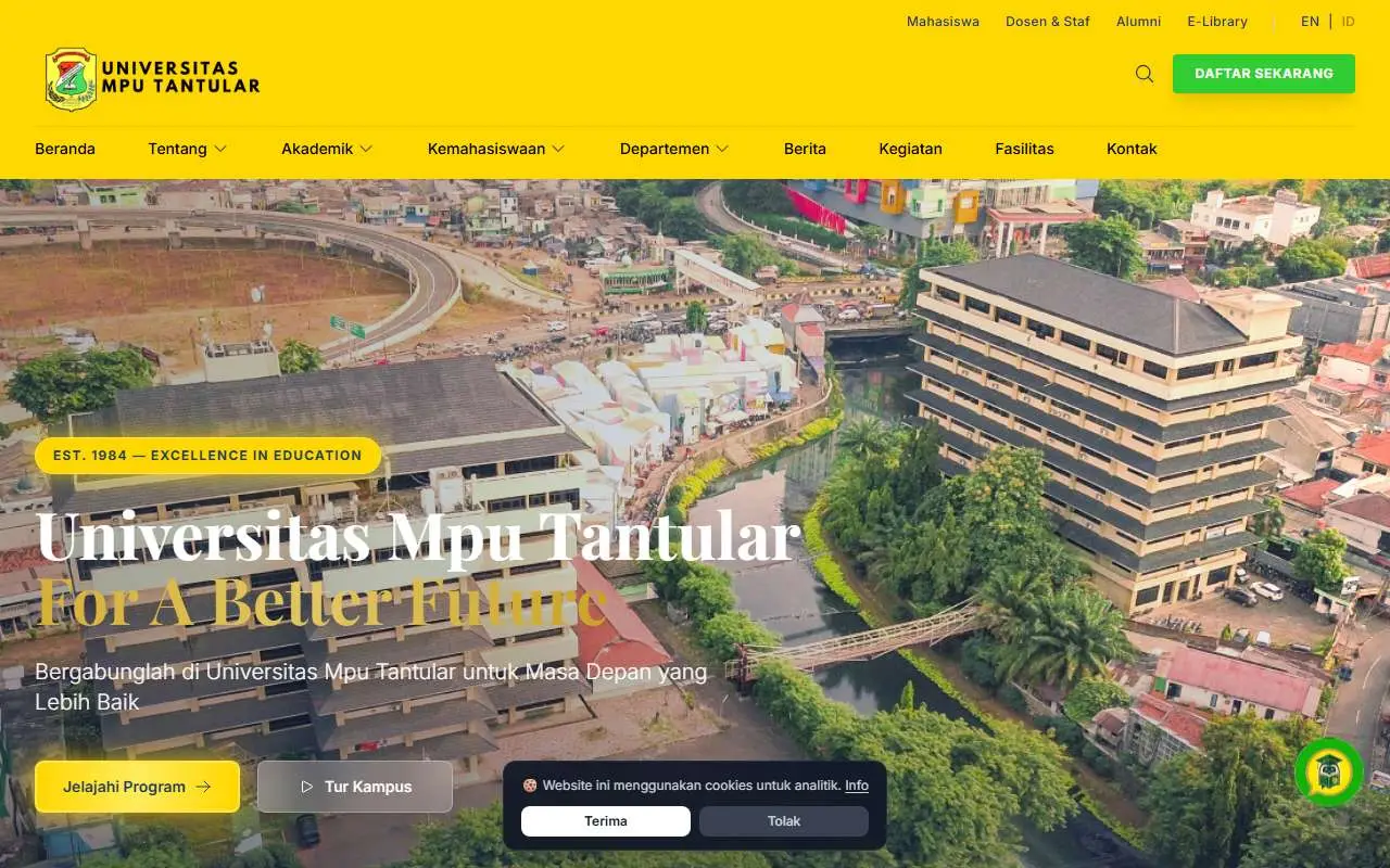 Tampilan website resmi Universitas Mpu Tantular (mputantular.ac.id)