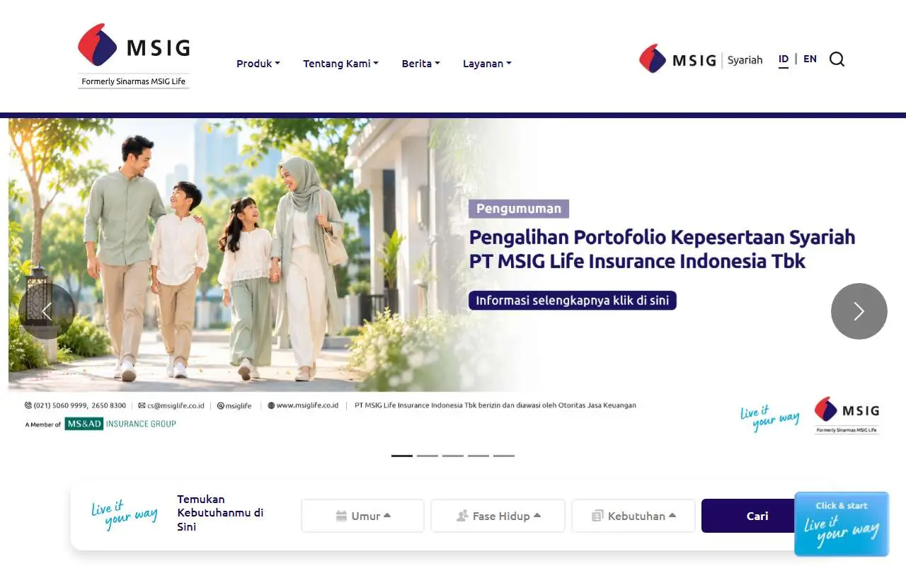 Tampilan website resmi MSIG Life Indonesia (msiglife.co.id)