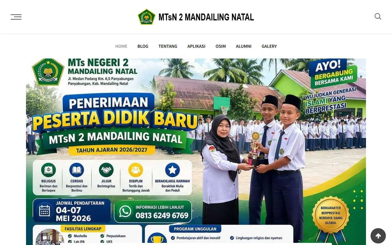 Tampilan website resmi MTs Negeri 2 Mandailing Natal (mtsn2madina.sch.id)