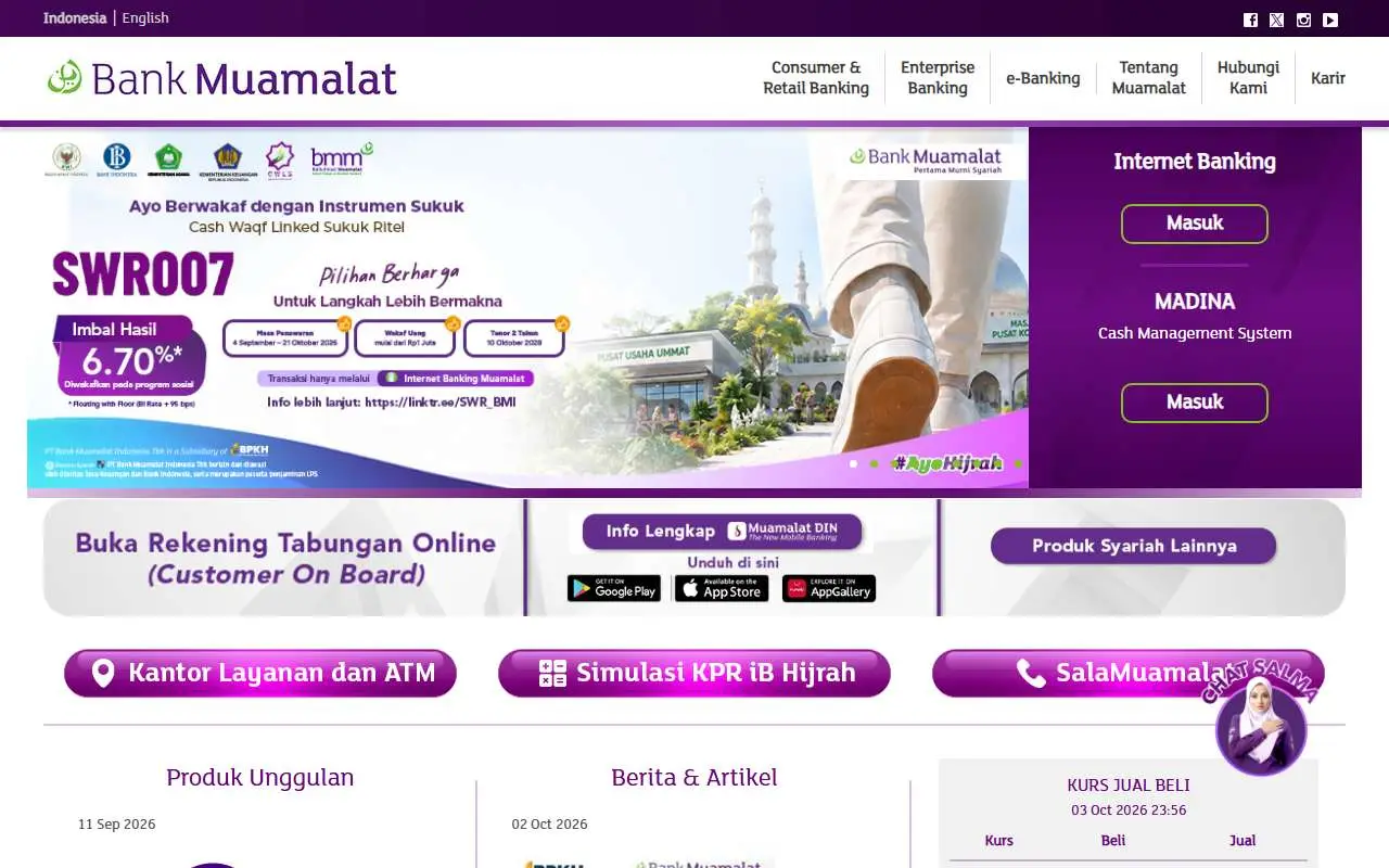 Tampilan website resmi Bank Muamalat (bankmuamalat.co.id)
