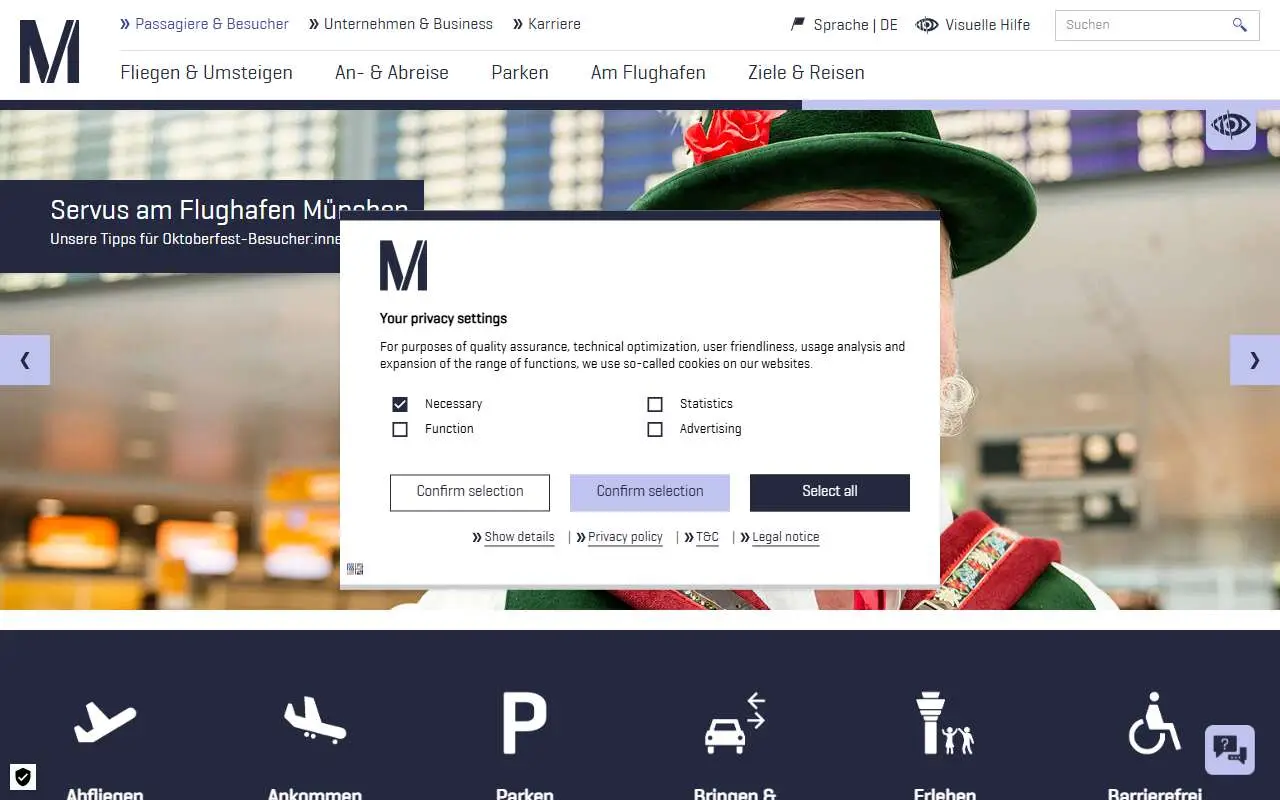 Tampilan website resmi Bandara München (munich-airport.de)